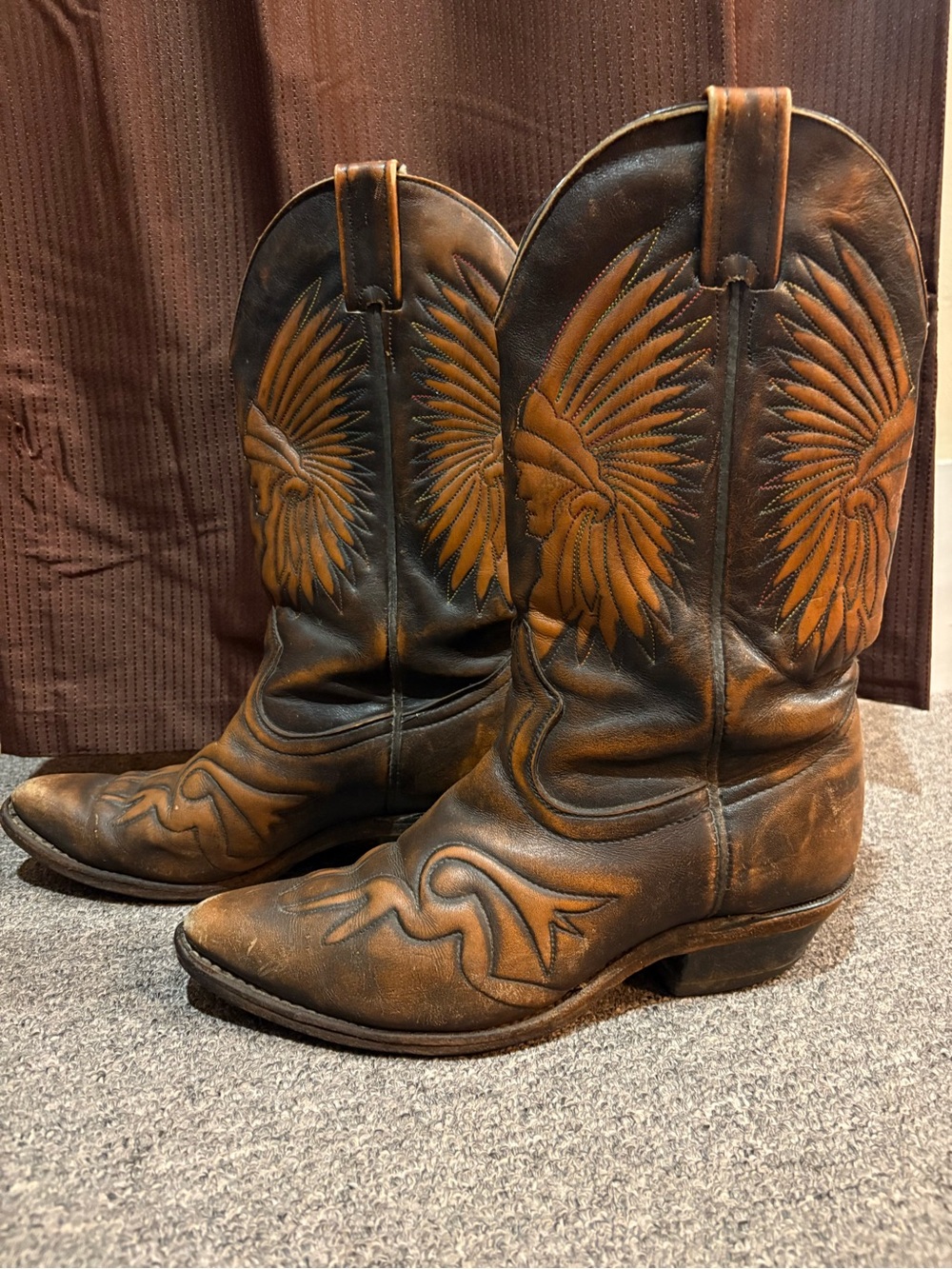 Vintage Boulet Brown Leather Cowboy Boots with Embossed Headdress